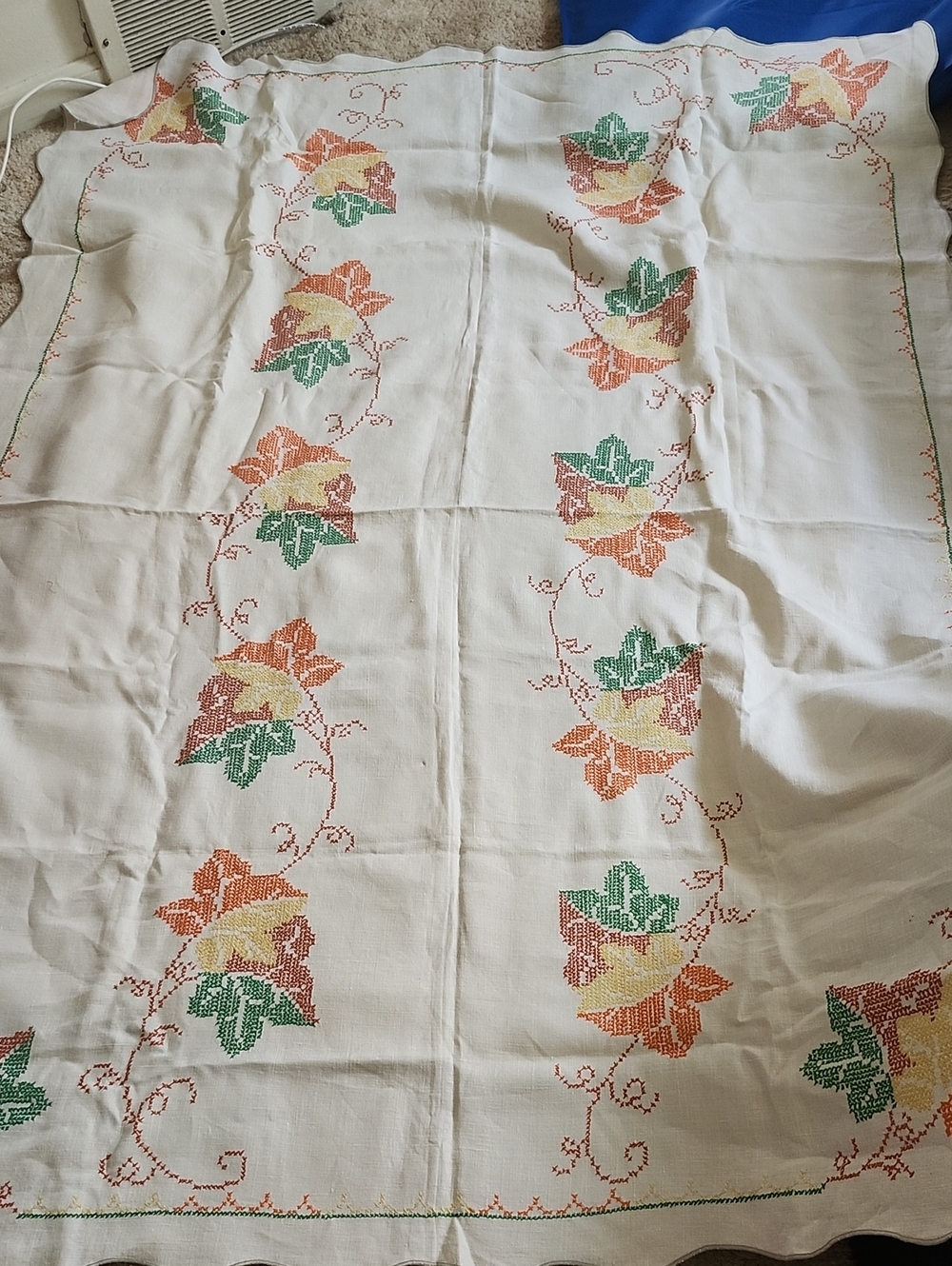 Vintage Hand-Embroidered Floral Tablecloth in Cream, Green & Orange Leaf Pattern